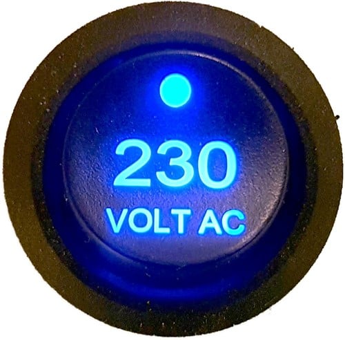 Schakelaar omvormer 230 Volt AC symbool / logo blauw