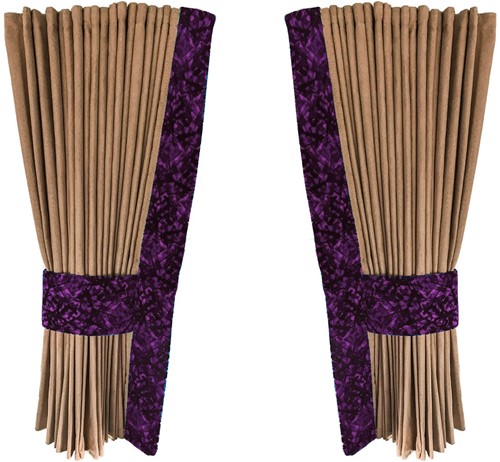 Beige 0046 zijgordijnen met paarse pluche