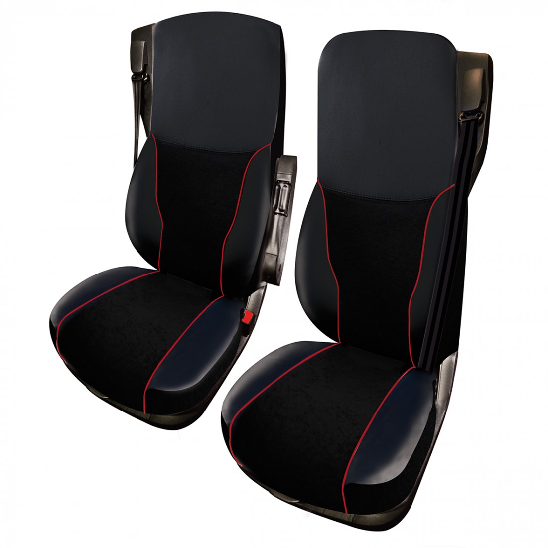TRUCK ECO LEATHER SEAT COVERS Suitable For MERCEDES MP4 / MP5 PAIR OF BLACK WITH BLUE STITCHES